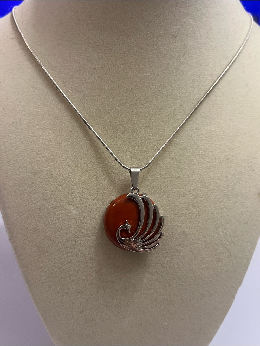 Phoenix Silver Winged Pendant Necklace - Agate Red/Orange Stone